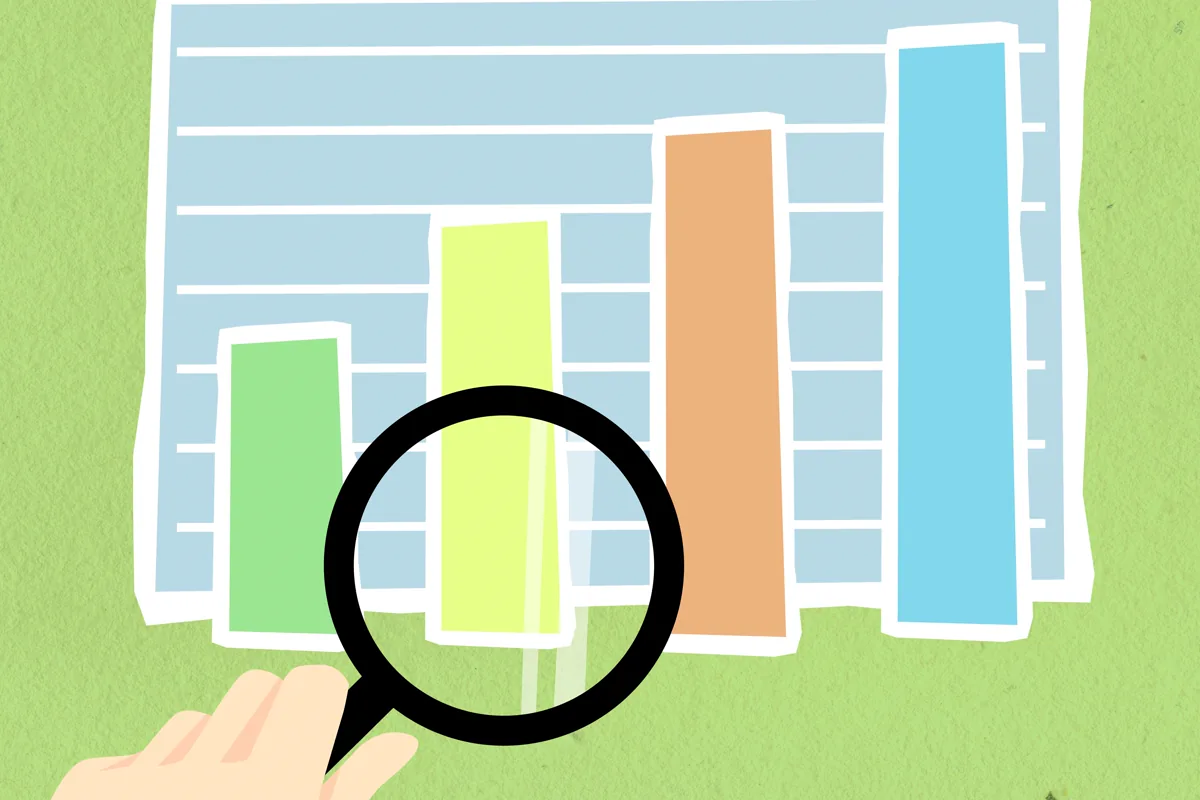 Loupe examinant un graphique en barres pour analyser les requêtes SEO